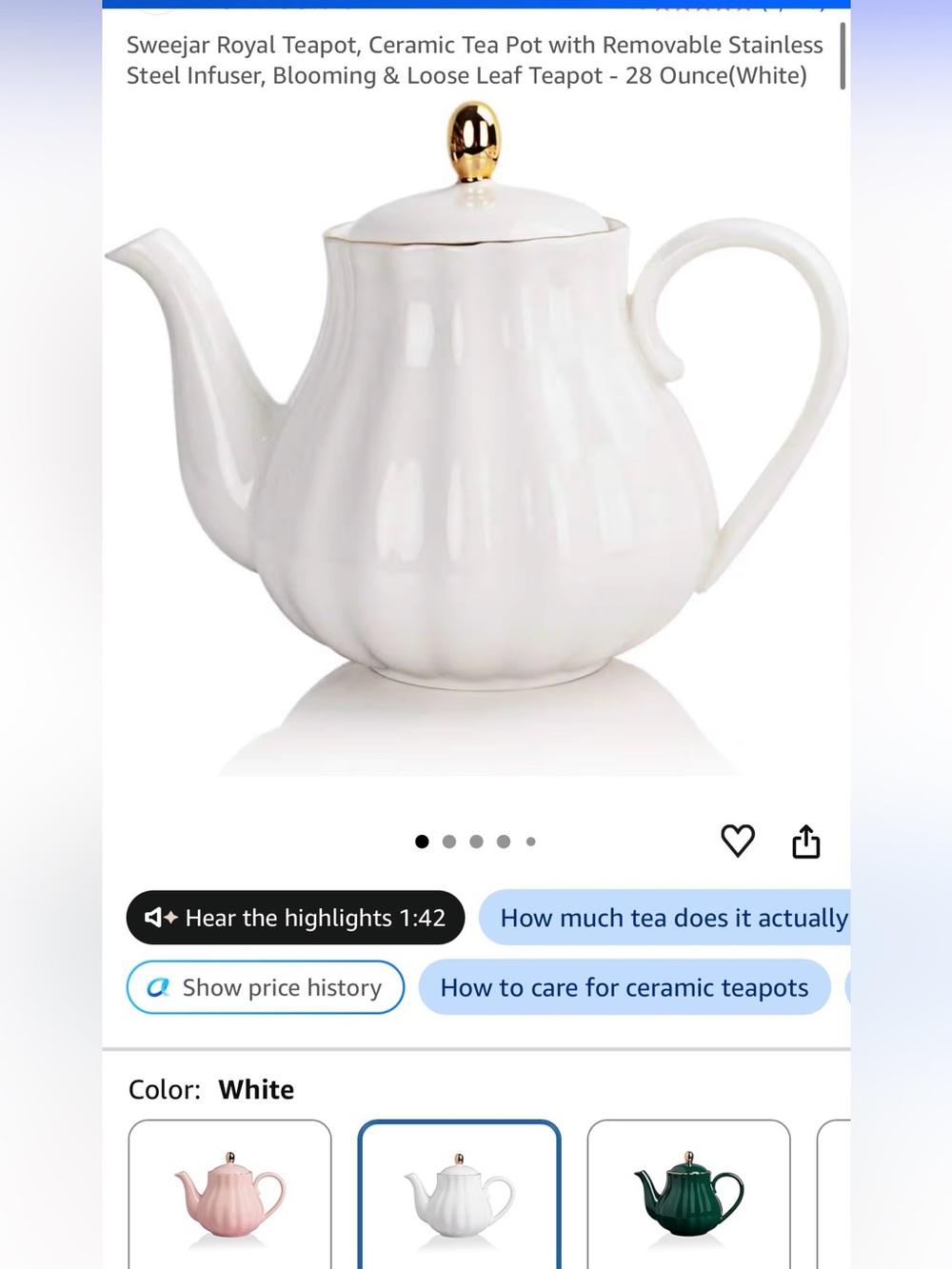 Amazon White Ceramic Teapot with Gold Accent